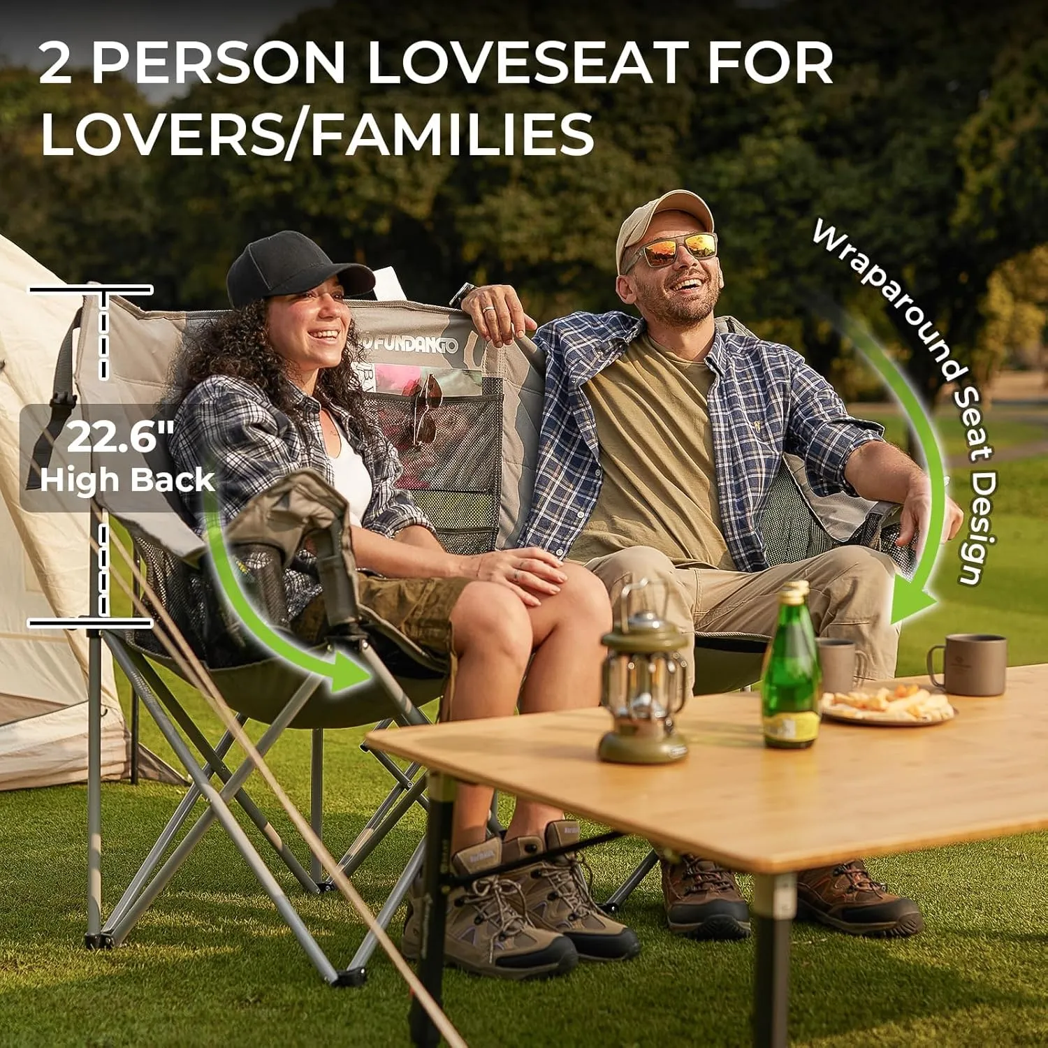 FUNDANGO Double Camping Chair, 2 Person Folding Padded Loveseat for Adults，660lbs Heavy Duty Chair with Arm Cup Holder for Outdoor Patio Lawn Camp with Carry Bag (Grey)