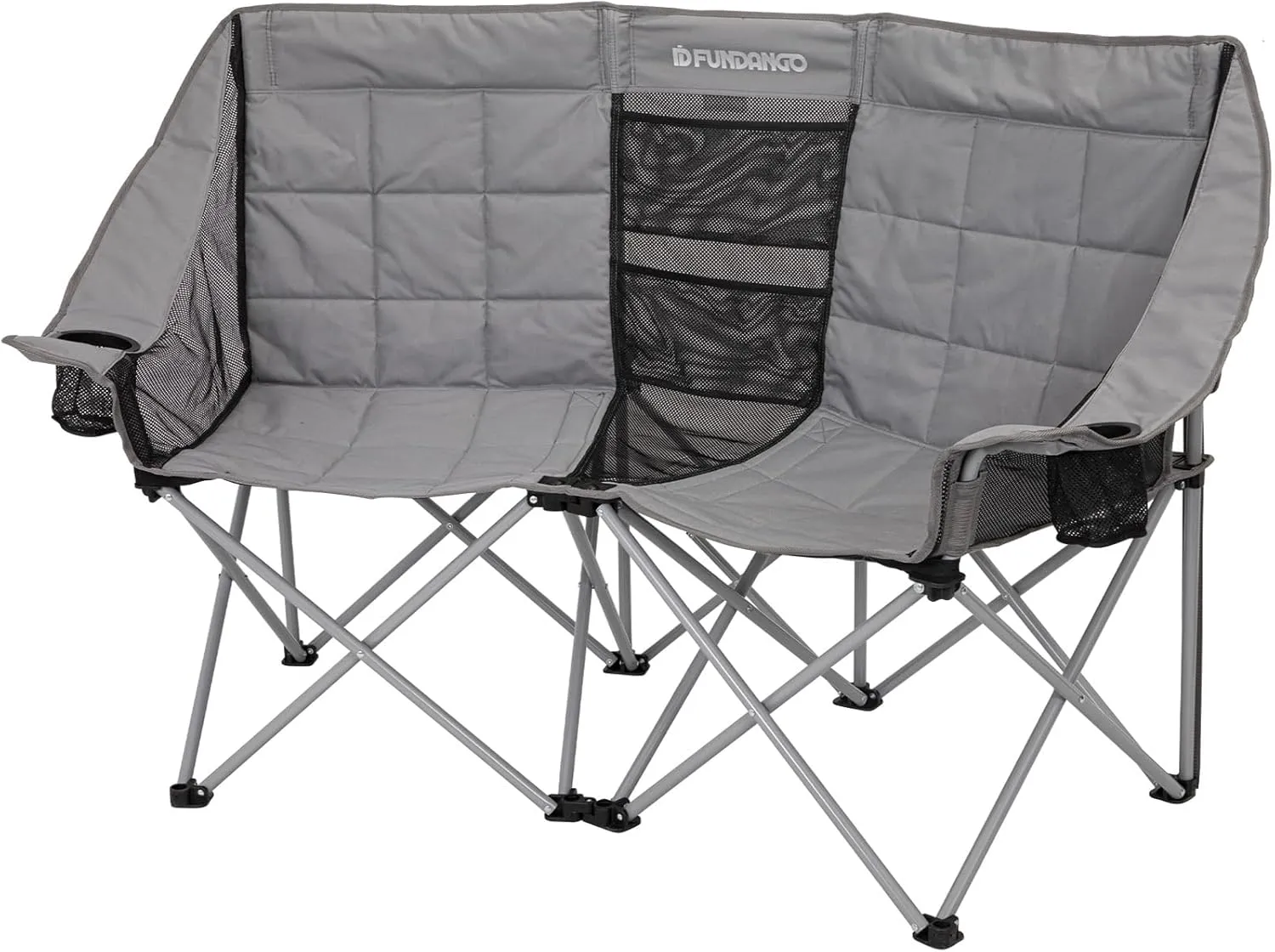 FUNDANGO Double Camping Chair, 2 Person Folding Padded Loveseat for Adults，660lbs Heavy Duty Chair with Arm Cup Holder for Outdoor Patio Lawn Camp with Carry Bag (Grey)