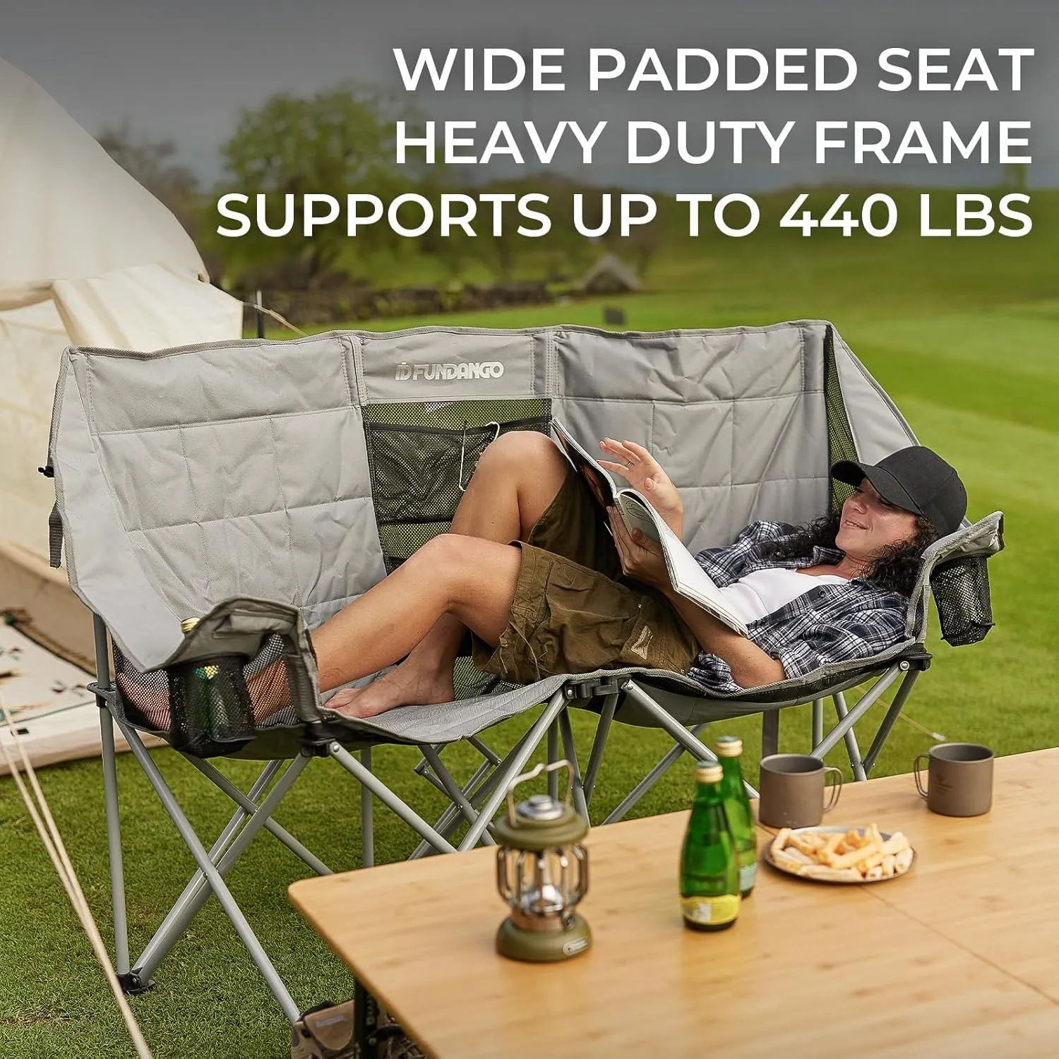 FUNDANGO Double Camping Chair, 2 Person Folding Padded Loveseat for Adults，660lbs Heavy Duty Chair with Arm Cup Holder for Outdoor Patio Lawn Camp with Carry Bag (Grey)