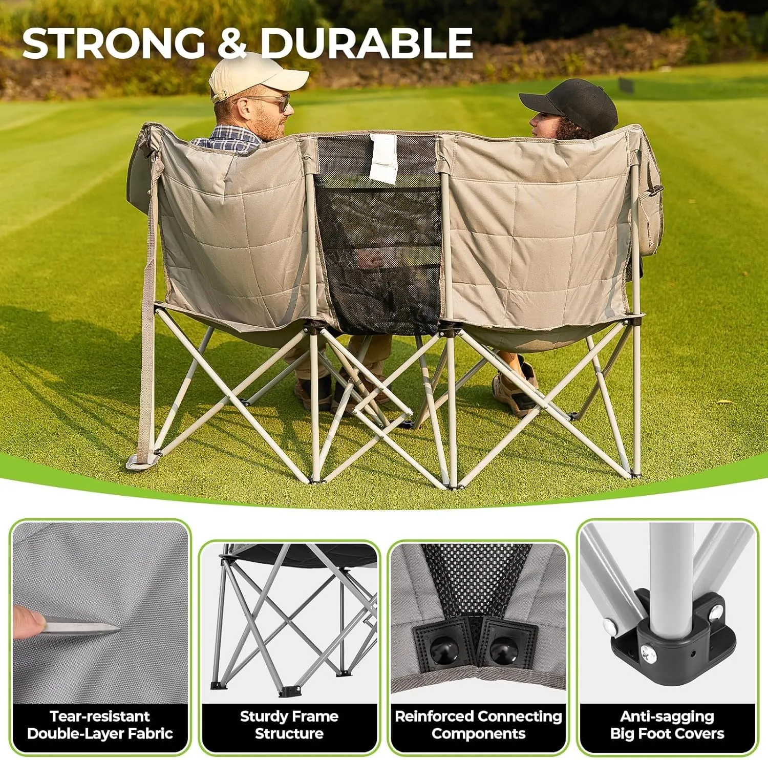 FUNDANGO Double Camping Chair, 2 Person Folding Padded Loveseat for Adults，660lbs Heavy Duty Chair with Arm Cup Holder for Outdoor Patio Lawn Camp with Carry Bag (Grey)