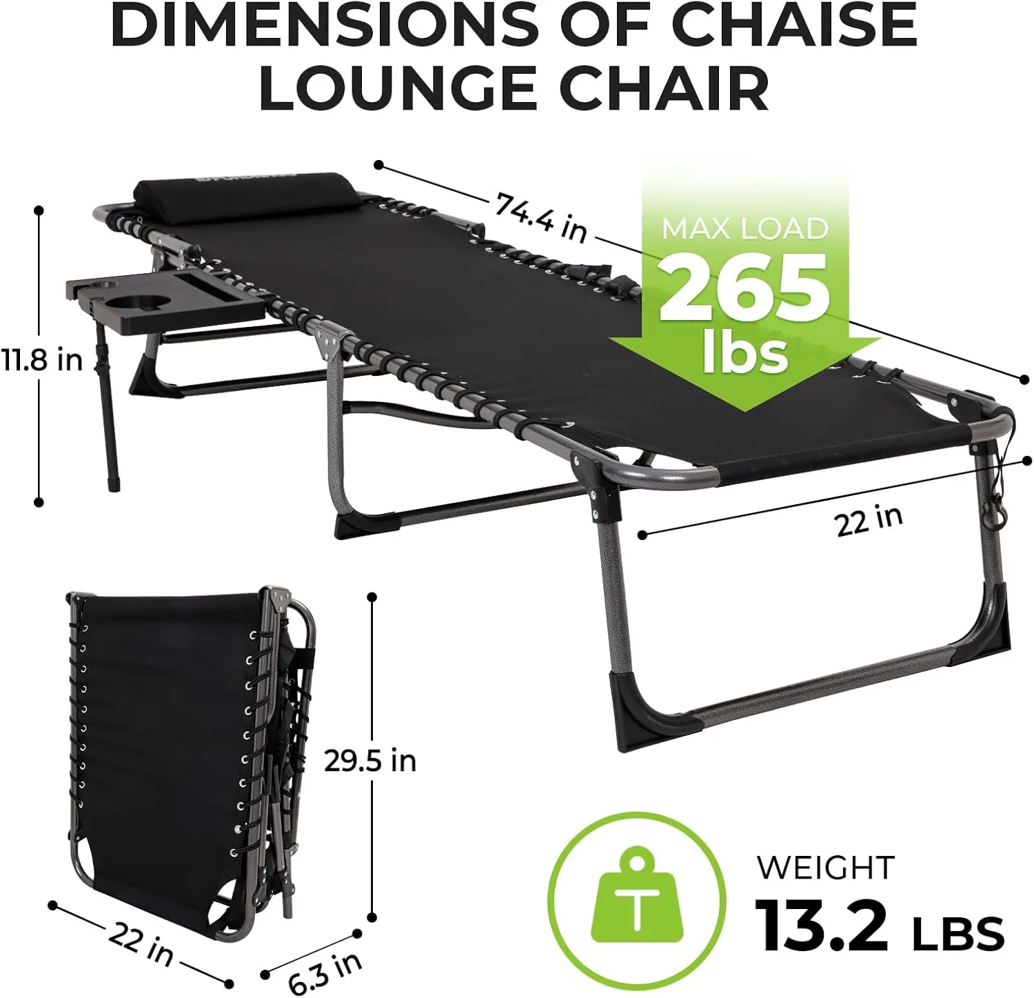 FUNDANGO Outdoor Folding Chaise Lounge Chair for Beach, Sunbathing, Pool Adjustable 5-Position Portable Camping Reclining Lounge Chair Patio Chaise Lounge Chair with Pillow Side Table