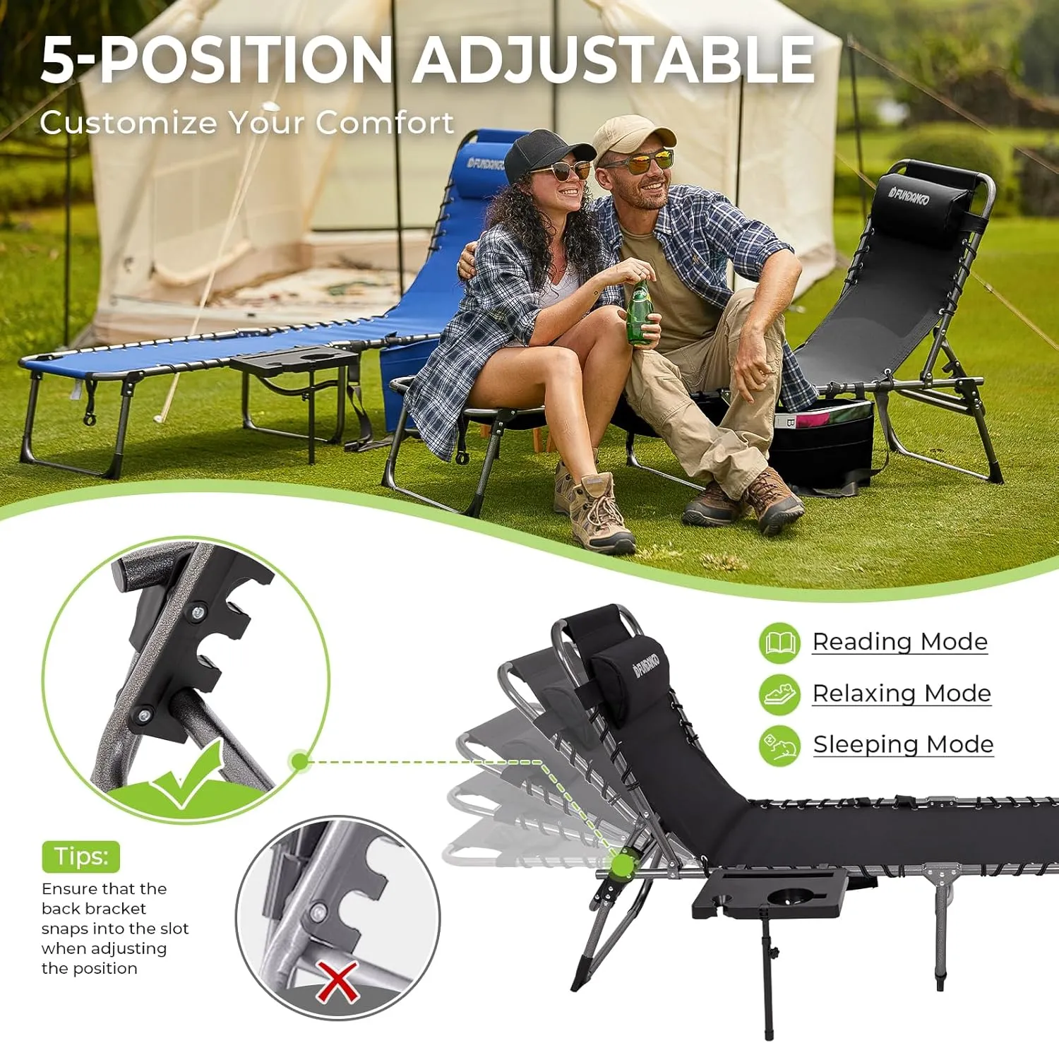 FUNDANGO Outdoor Folding Chaise Lounge Chair for Beach, Sunbathing, Pool Adjustable 5-Position Portable Camping Reclining Lounge Chair Patio Chaise Lounge Chair with Pillow Side Table