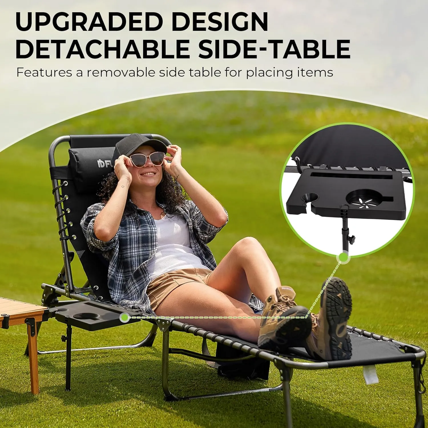 FUNDANGO Outdoor Folding Chaise Lounge Chair for Beach, Sunbathing, Pool Adjustable 5-Position Portable Camping Reclining Lounge Chair Patio Chaise Lounge Chair with Pillow Side Table