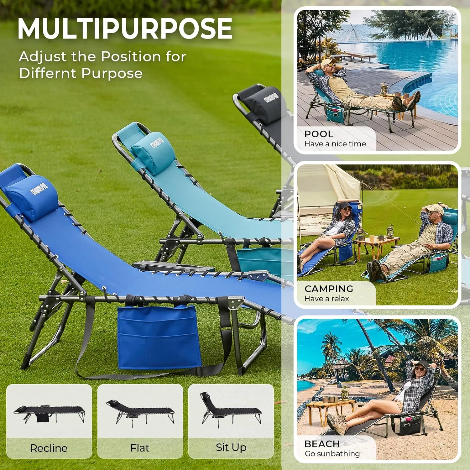 FUNDANGO Outdoor Folding Chaise Lounge Chair for Beach, Sunbathing, Pool Adjustable 5-Position Portable Camping Reclining Lounge Chair Patio Chaise Lounge Chair with Pillow Side Table