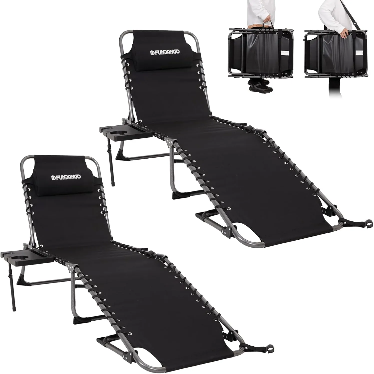 FUNDANGO Outdoor Folding Chaise Lounge Chair for Beach, Sunbathing, Pool Adjustable 5-Position Portable Camping Reclining Lounge Chair Patio Chaise Lounge Chair with Pillow Side Table