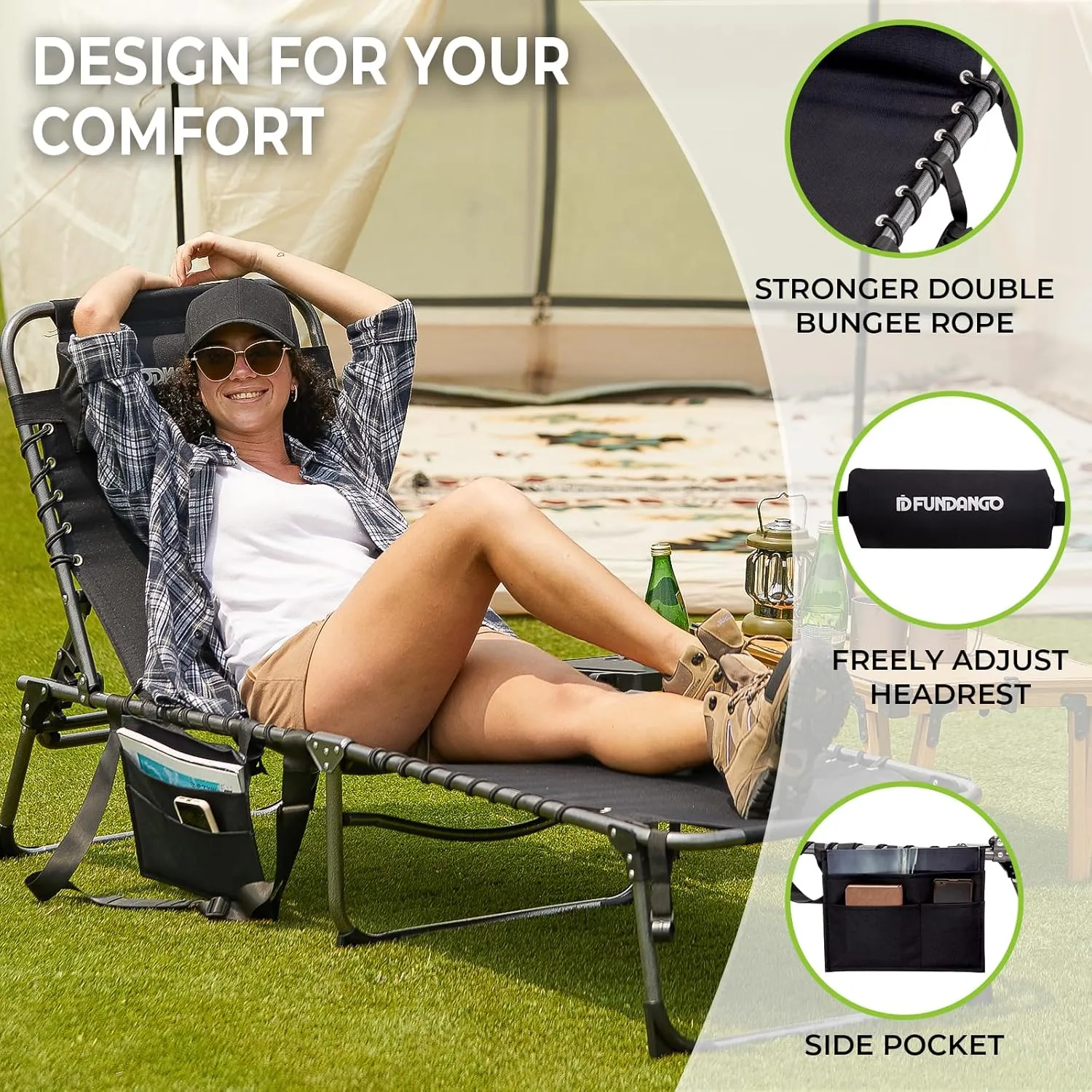 FUNDANGO Outdoor Folding Chaise Lounge Chair for Beach, Sunbathing, Pool Adjustable 5-Position Portable Camping Reclining Lounge Chair Patio Chaise Lounge Chair with Pillow Side Table