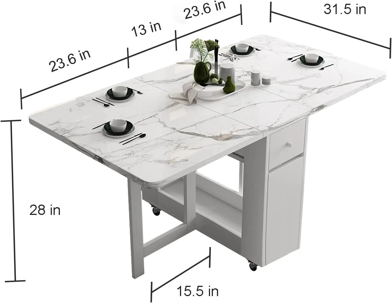 FUNROLUX Folding Dining Table with Rack and 2 Storage Drawers, Movable Extendable Space Saving Kitchen Table in 3 Forms (White)