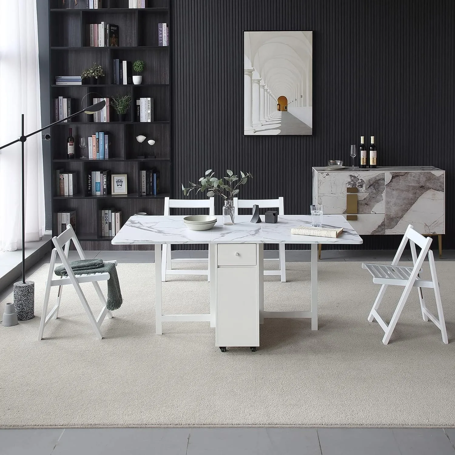 FUNROLUX Folding Dining Table with Rack and 2 Storage Drawers, Movable Extendable Space Saving Kitchen Table in 3 Forms (White)