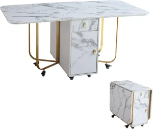 FUNROLUX Folding Dining Table with Storage Rack and 2 Drawers, Foldable Kitchen Extendable Versatile Foldable Dining Table with 4 Support Legs (White)