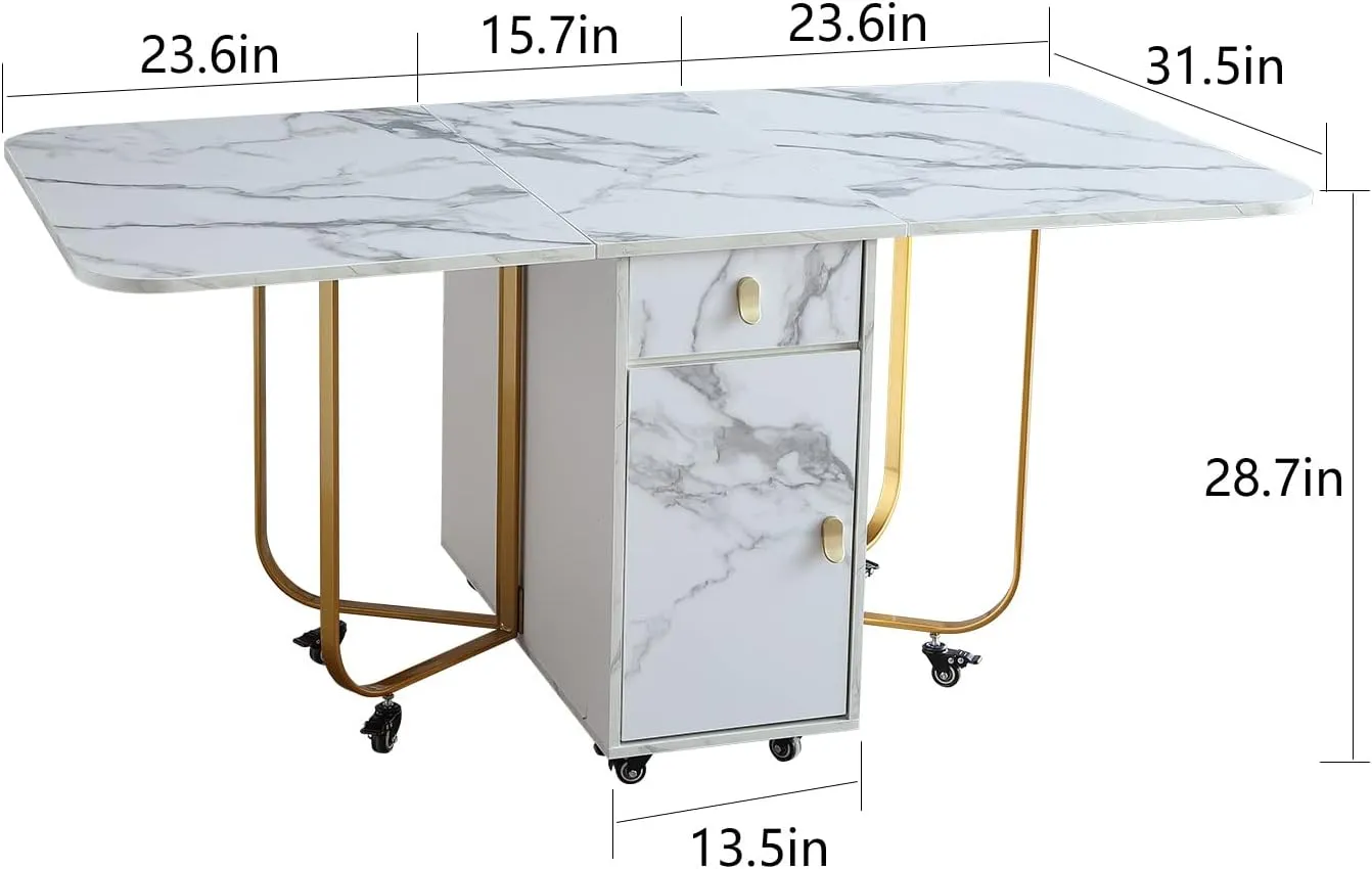 FUNROLUX Folding Dining Table with Storage Rack and 2 Drawers, Foldable Kitchen Extendable Versatile Foldable Dining Table with 4 Support Legs (White)