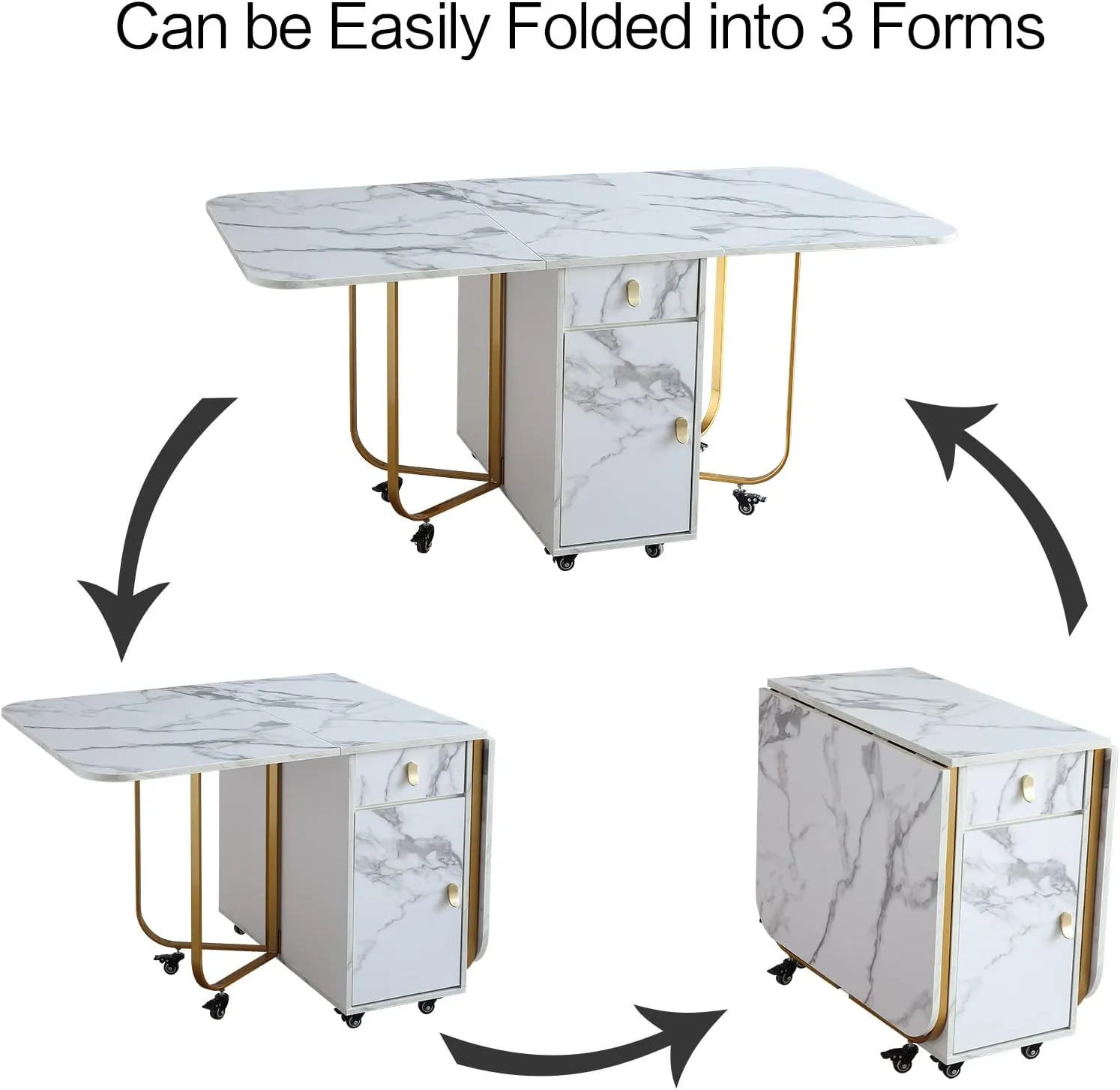 FUNROLUX Folding Dining Table with Storage Rack and 2 Drawers, Foldable Kitchen Extendable Versatile Foldable Dining Table with 4 Support Legs (White)