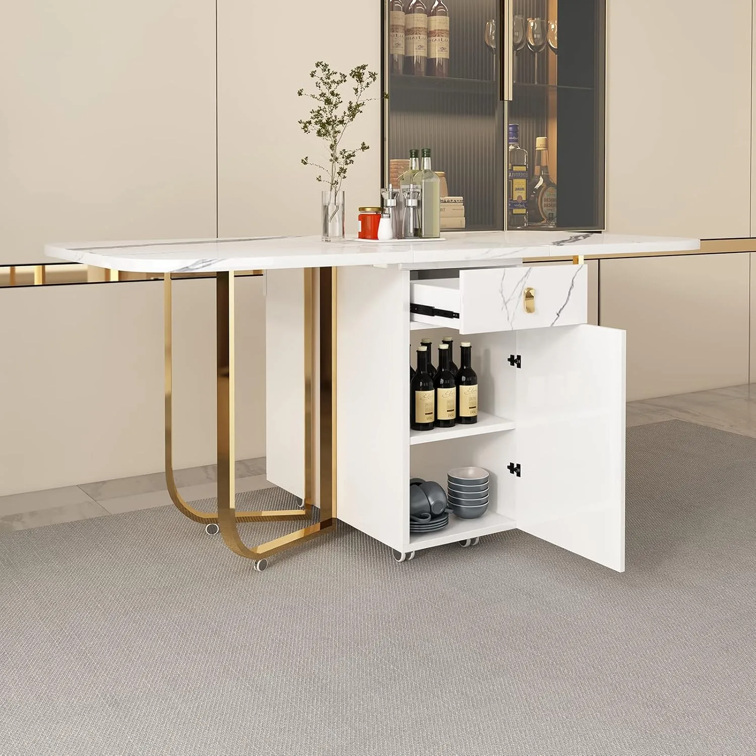 FUNROLUX Folding Dining Table with Storage Rack and 2 Drawers, Foldable Kitchen Extendable Versatile Foldable Dining Table with 4 Support Legs (White)