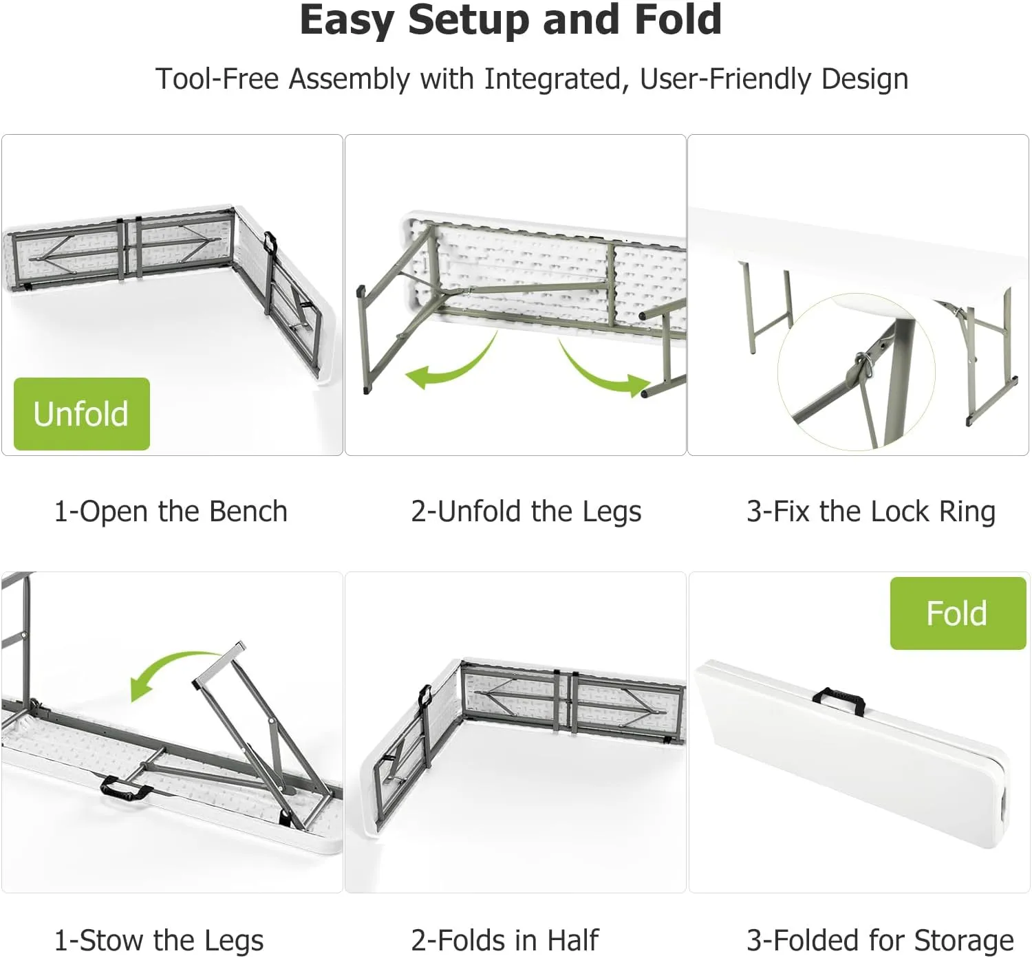 FurnitureR 6FT Folding Table and Bench Set with Carry Handle, Fold-in-Half Table and 2 Benches, Heavy-Duty Plastic and Metal Frame, Portable Indoor Outdoor Picnic Dining Camping Set, White