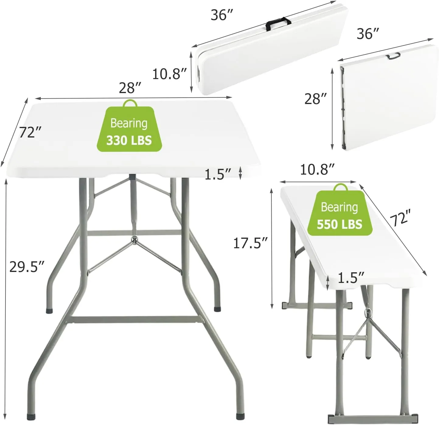FurnitureR 6FT Folding Table and Bench Set with Carry Handle, Fold-in-Half Table and 2 Benches, Heavy-Duty Plastic and Metal Frame, Portable Indoor Outdoor Picnic Dining Camping Set, White
