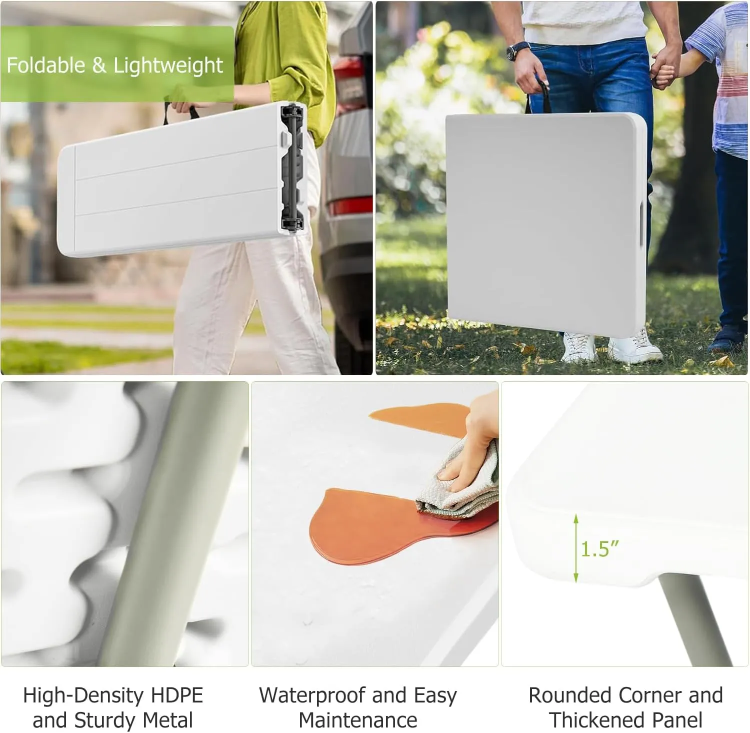 FurnitureR 6FT Folding Table and Bench Set with Carry Handle, Fold-in-Half Table and 2 Benches, Heavy-Duty Plastic and Metal Frame, Portable Indoor Outdoor Picnic Dining Camping Set, White