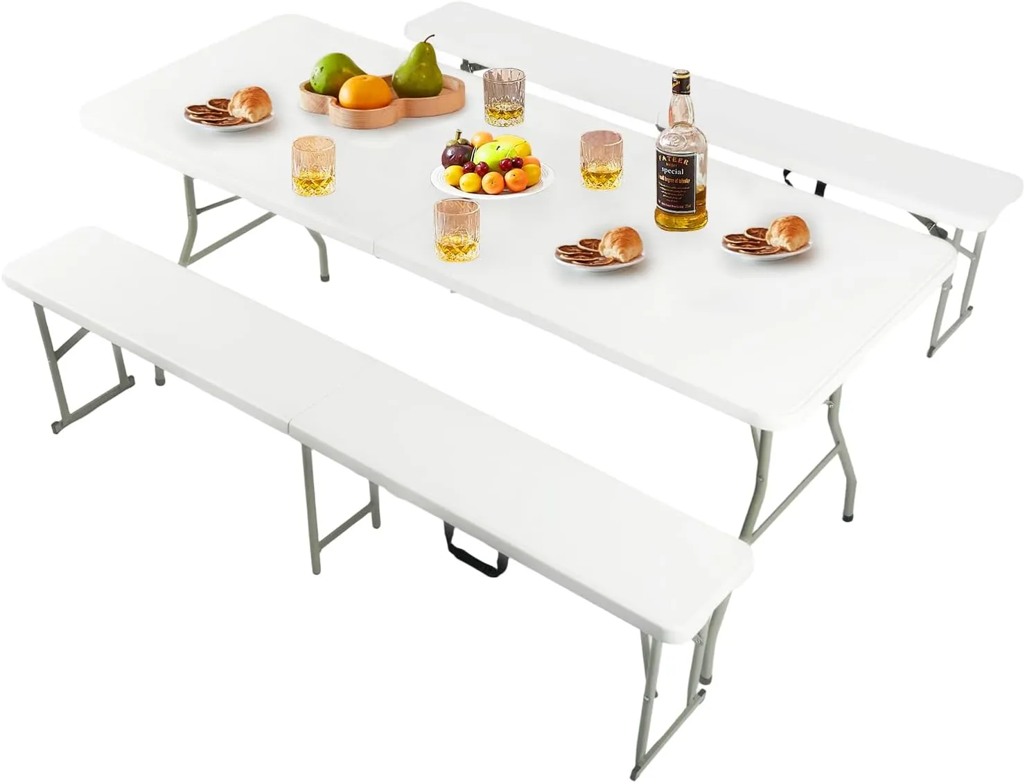 FurnitureR 6FT Folding Table and Bench Set with Carry Handle, Fold-in-Half Table and 2 Benches, Heavy-Duty Plastic and Metal Frame, Portable Indoor Outdoor Picnic Dining Camping Set, White