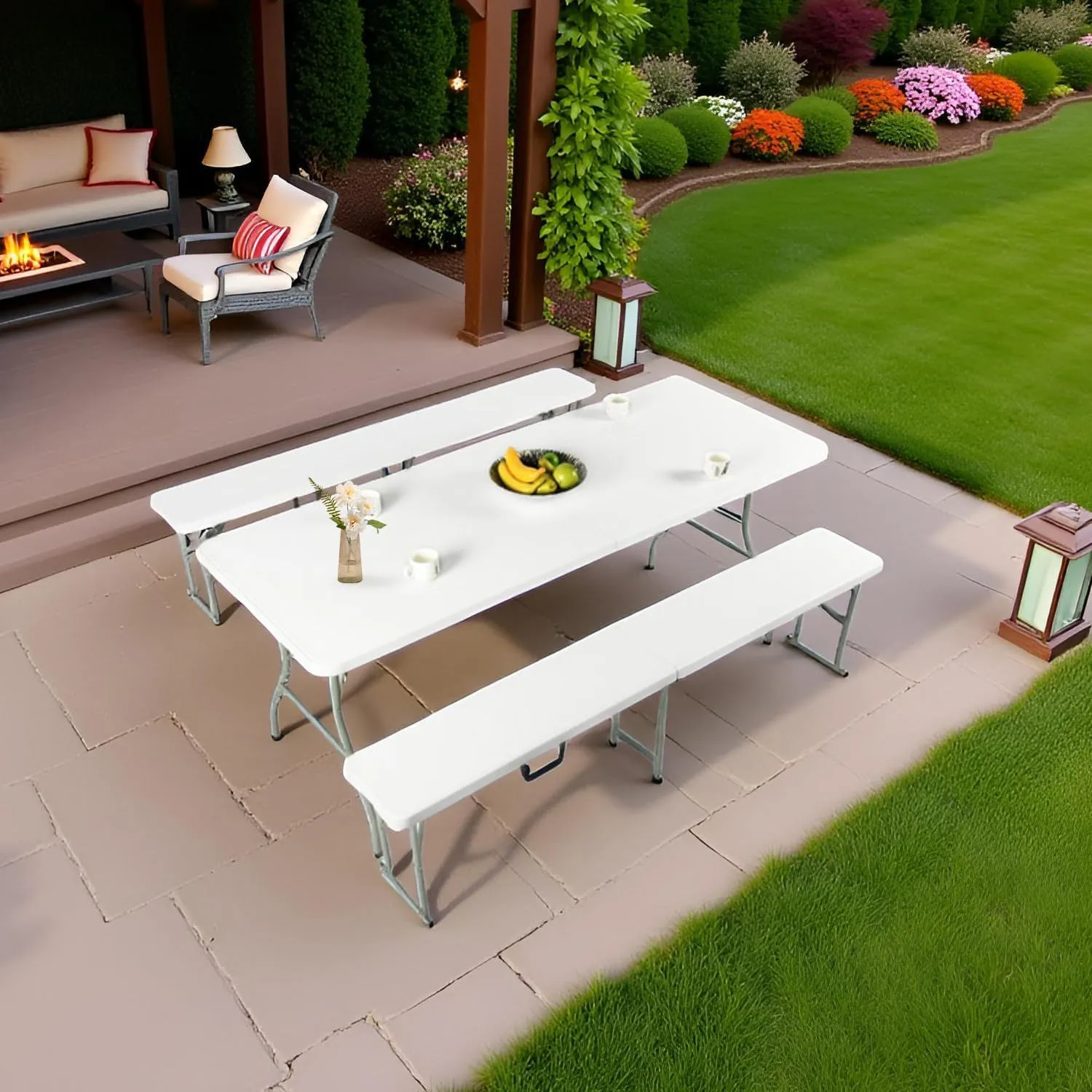 FurnitureR 6FT Folding Table and Bench Set with Carry Handle, Fold-in-Half Table and 2 Benches, Heavy-Duty Plastic and Metal Frame, Portable Indoor Outdoor Picnic Dining Camping Set, White