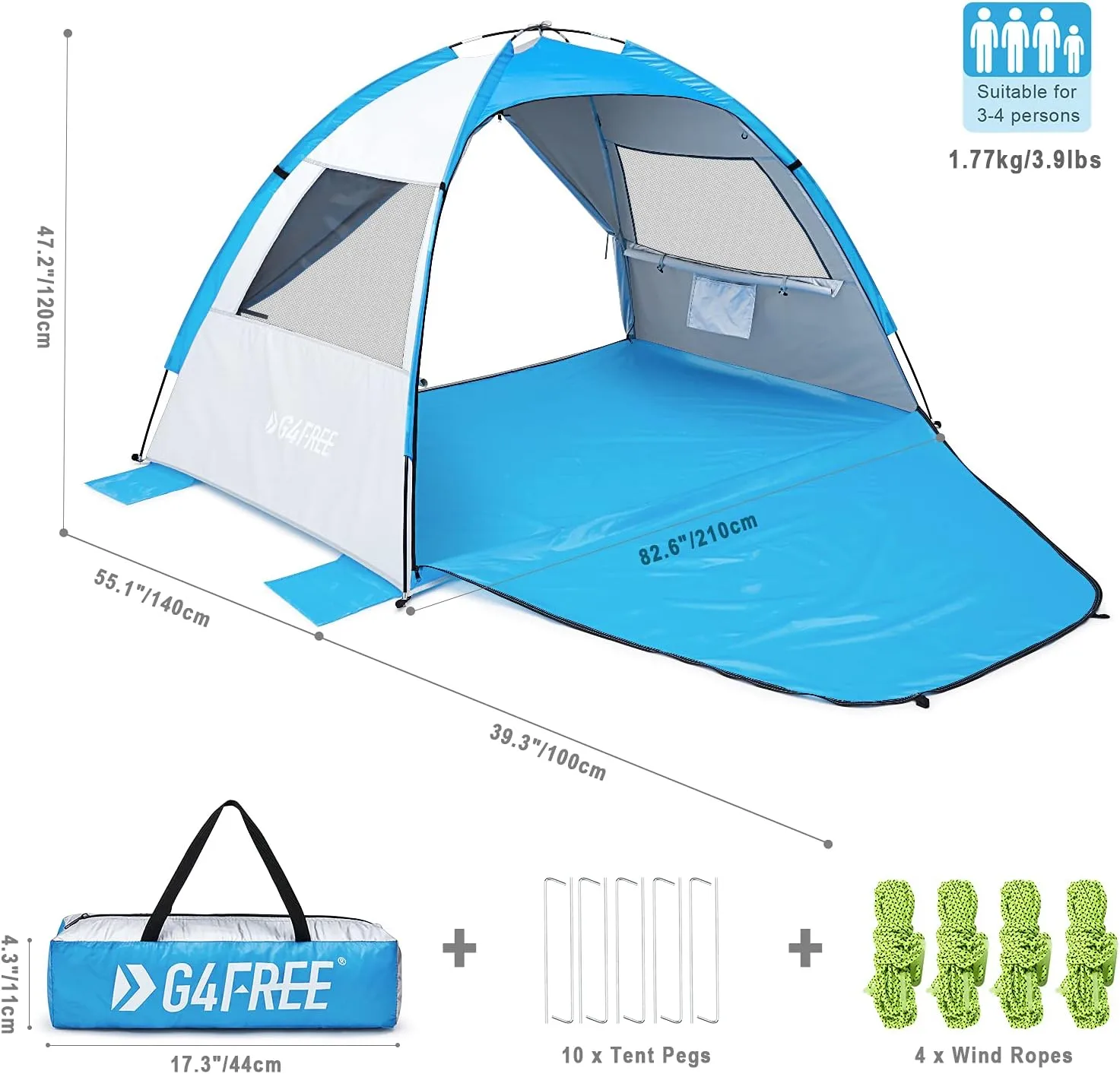 G4Free Portable Beach Tent 2-3 Persons Sun Shade Shelter UPF 50  Sport Umbrella Canopy with Extendable Floor Foldable Lightweight
