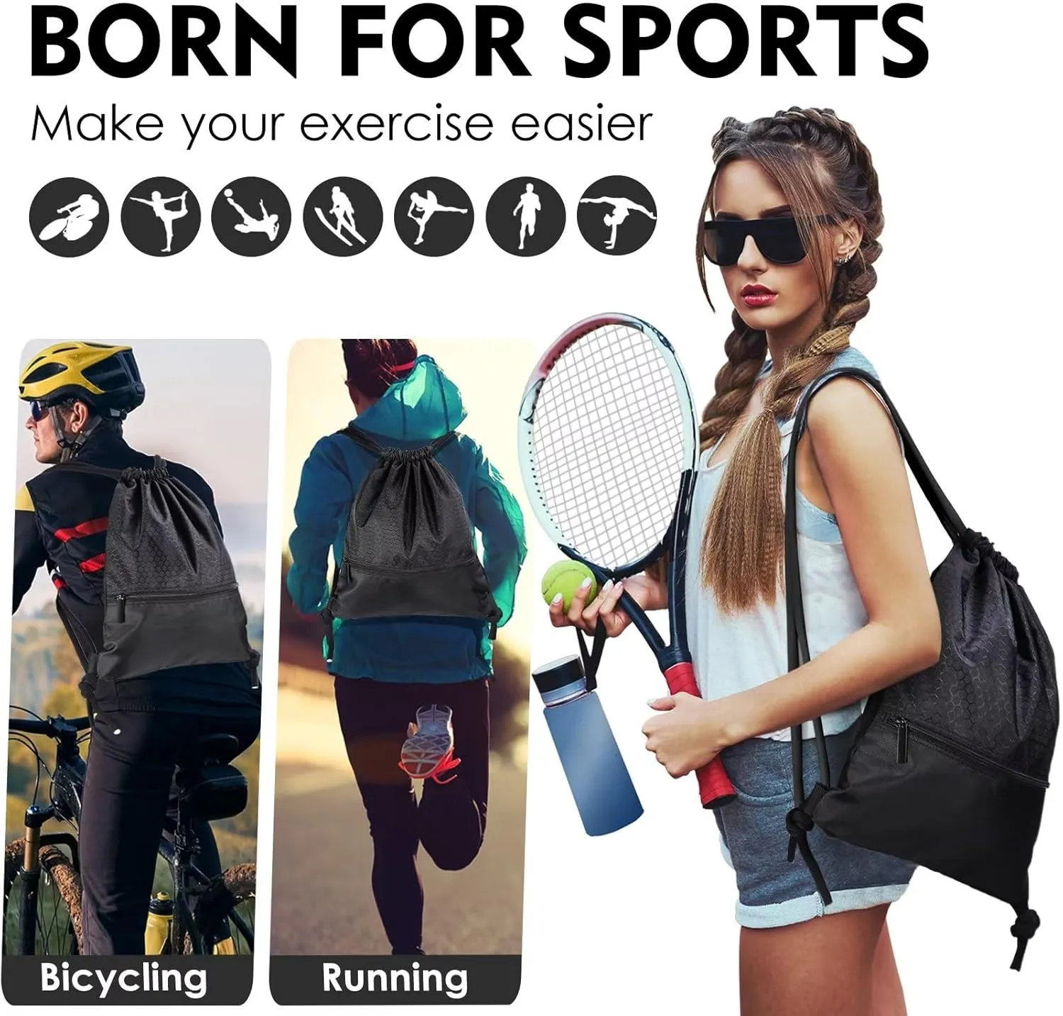 GAENMESH Drawstring Backpack Bag for Sports Lightweight Foldable Gym Bag with Sturdy Draw Cord Shoulder Strap Hiking Travel Camping