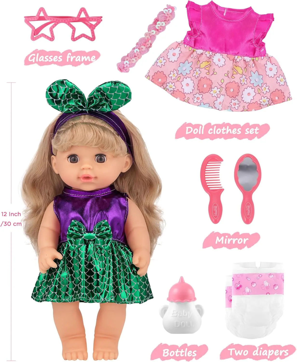 GAGAKU Baby Doll with Hair, 12" Baby Dolls for Girls 1 2 3 4 5 6 Years Old, Baby Doll for Toddlers Kids, 12 Inch Baby Dolls with Accessories, Clothes Diapers Bottle
