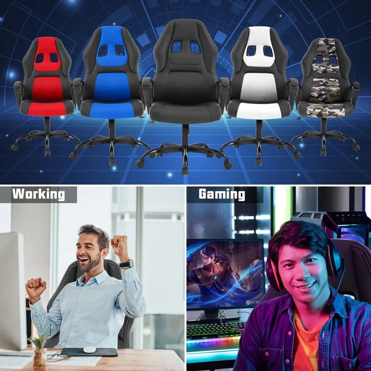 Gaming Chair PC Computer Chair Office Chair for Adult Teen Kids, Ergonomic PU Leather Gamer Chair with Lumbar Support High Back Adjustable Rolling Swivel Desk Chair, Black