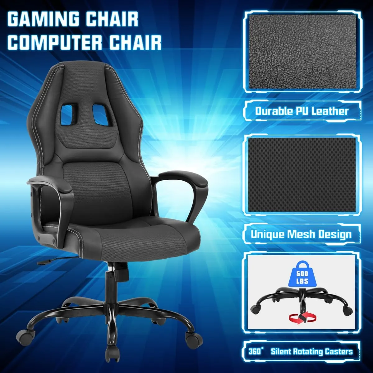Gaming Chair PC Computer Chair Office Chair for Adult Teen Kids, Ergonomic PU Leather Gamer Chair with Lumbar Support High Back Adjustable Rolling Swivel Desk Chair, Black
