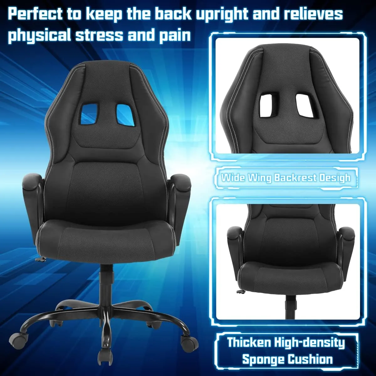 Gaming Chair PC Computer Chair Office Chair for Adult Teen Kids, Ergonomic PU Leather Gamer Chair with Lumbar Support High Back Adjustable Rolling Swivel Desk Chair, Black