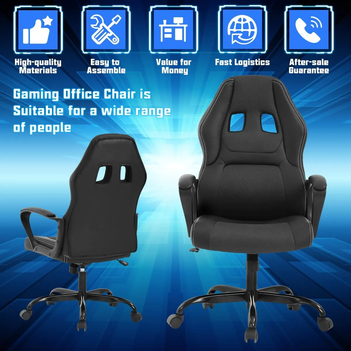 Gaming Chair PC Computer Chair Office Chair for Adult Teen Kids, Ergonomic PU Leather Gamer Chair with Lumbar Support High Back Adjustable Rolling Swivel Desk Chair, Black