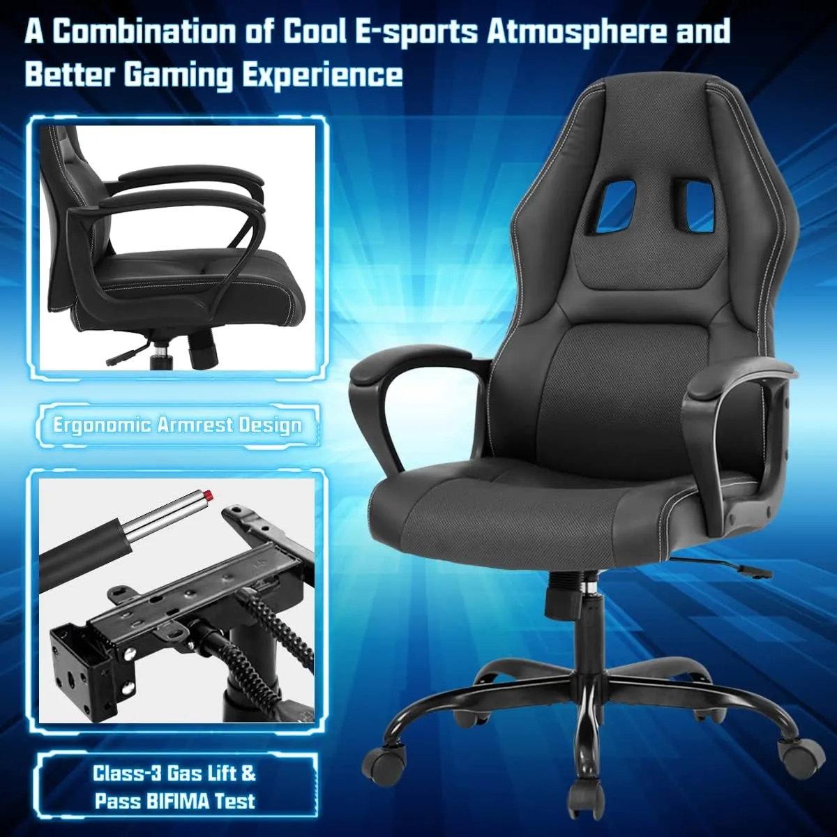 Gaming Chair PC Computer Chair Office Chair for Adult Teen Kids, Ergonomic PU Leather Gamer Chair with Lumbar Support High Back Adjustable Rolling Swivel Desk Chair, Black