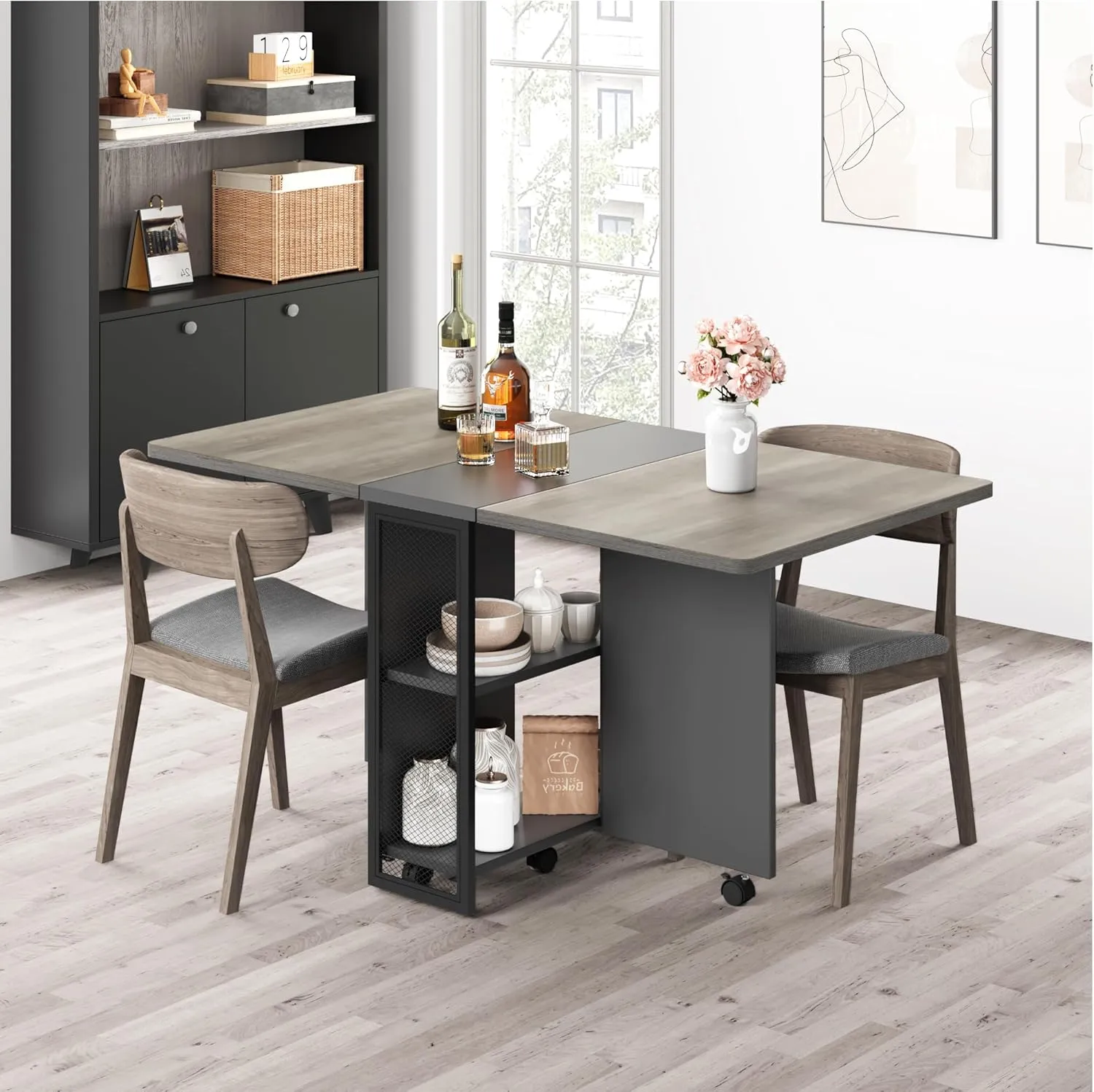 GAOMON Folding Dining Table, Drop Leaf Dining Table for 4, Foldable Kitchen Table with 6 Wheels and 2 Storage Shelf, Space Saving Table with Drawer for Small Spaces