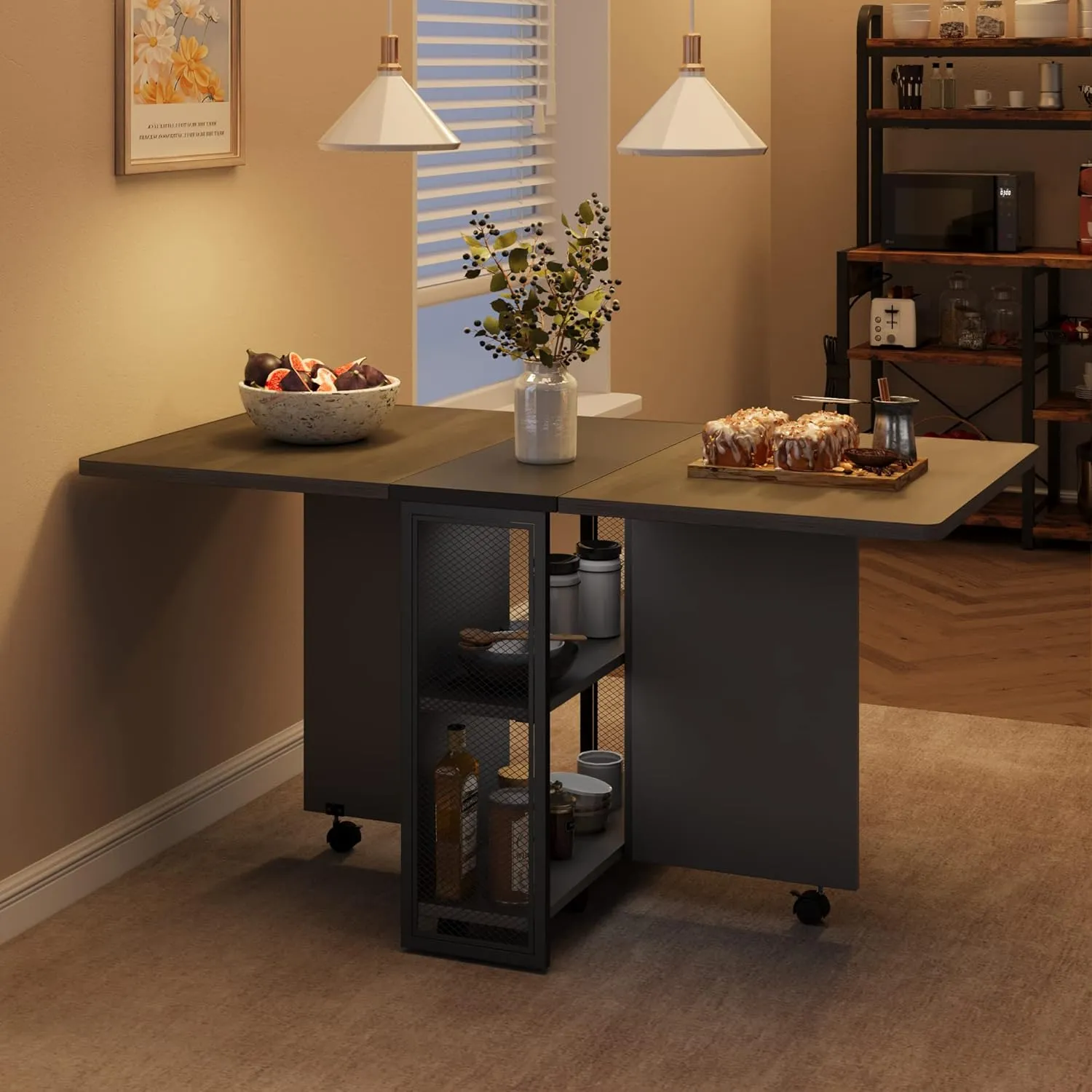 GAOMON Folding Dining Table, Drop Leaf Dining Table for 4, Foldable Kitchen Table with 6 Wheels and 2 Storage Shelf, Space Saving Table with Drawer for Small Spaces