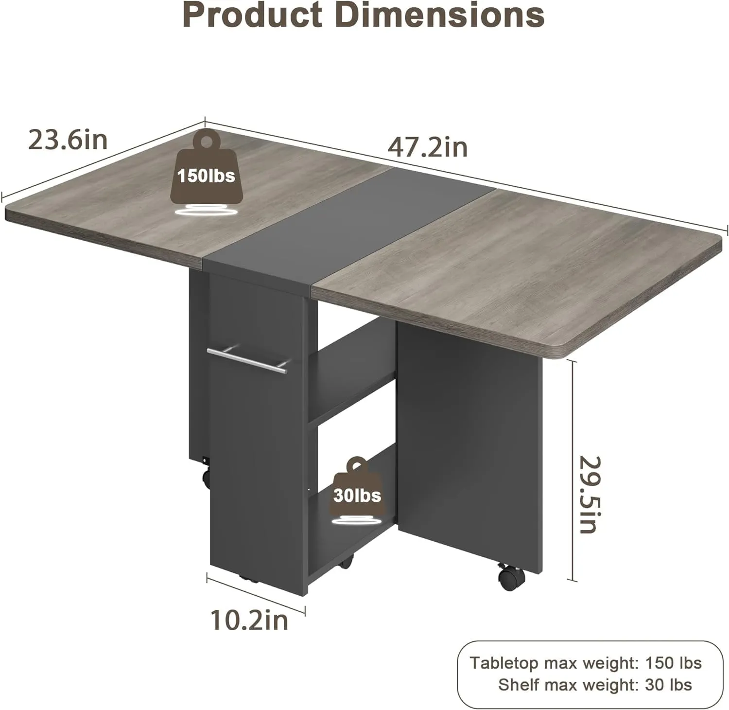 GAOMON Folding Dining Table, Drop Leaf Dining Table for 4, Foldable Kitchen Table with 6 Wheels and 2 Storage Shelf, Space Saving Table with Drawer for Small Spaces