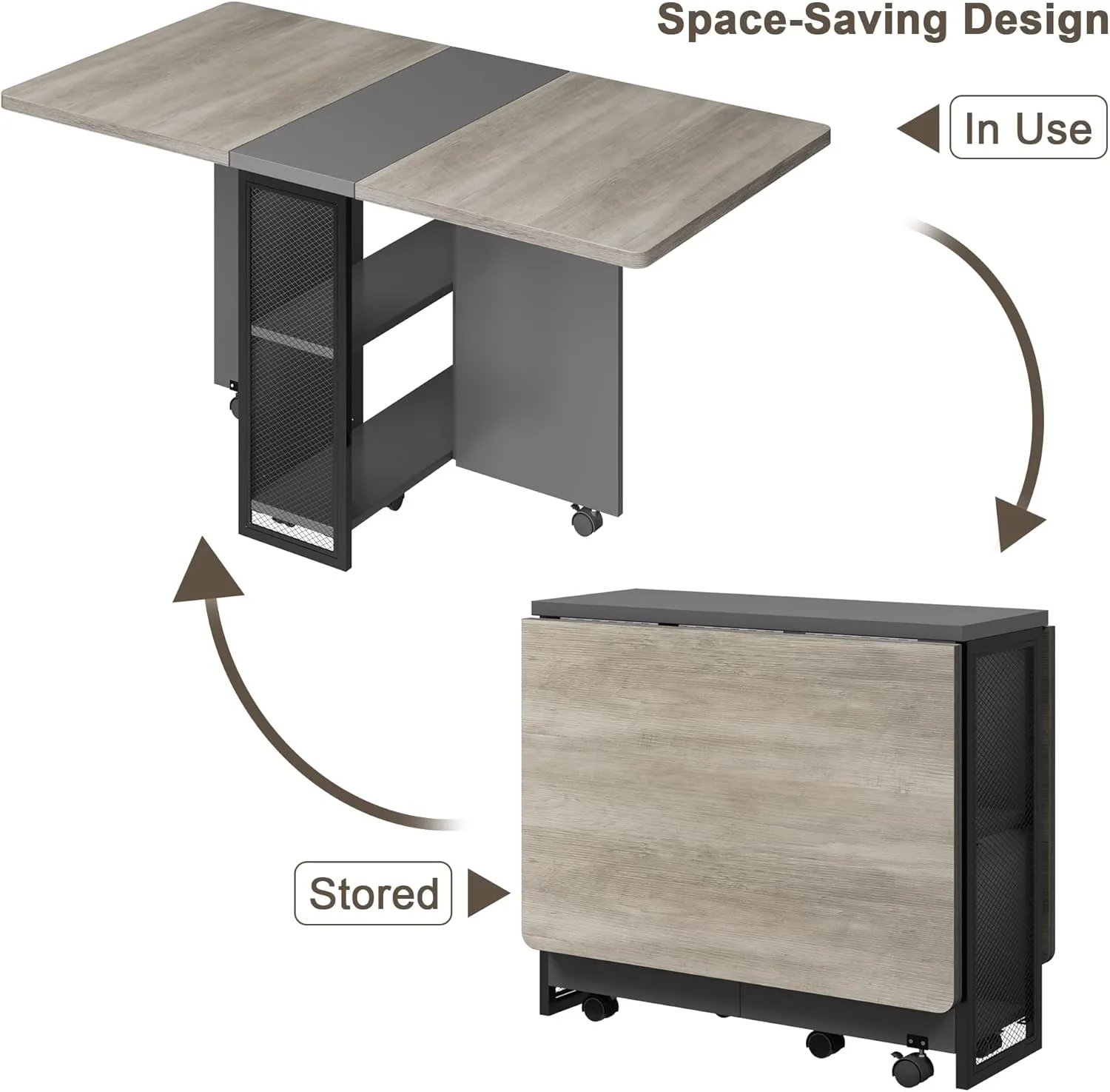 GAOMON Folding Dining Table, Drop Leaf Dining Table for 4, Foldable Kitchen Table with 6 Wheels and 2 Storage Shelf, Space Saving Table with Drawer for Small Spaces