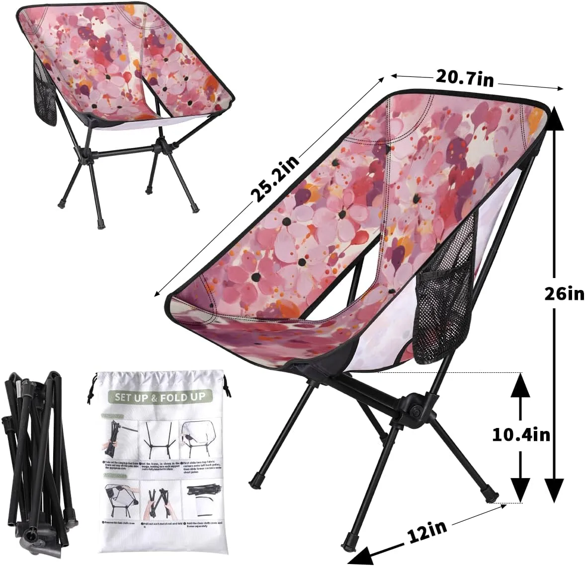 Geometric Flower Camping Chair Pinks Floral Lightweight Folding Chair Portable Compact for Outdoor, Travel, Beach, Hiking Backpacking