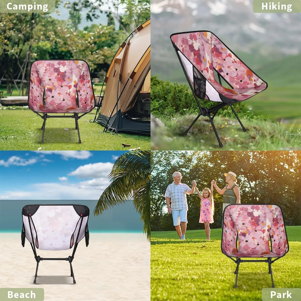 Geometric Flower Camping Chair Pinks Floral Lightweight Folding Chair Portable Compact for Outdoor, Travel, Beach, Hiking Backpacking