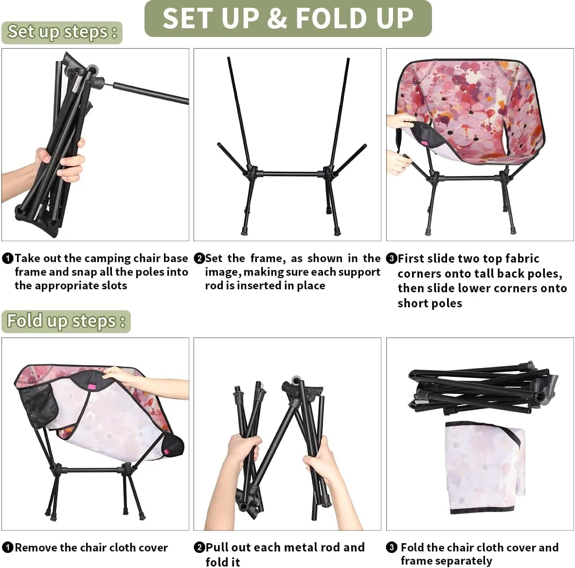 Geometric Flower Camping Chair Pinks Floral Lightweight Folding Chair Portable Compact for Outdoor, Travel, Beach, Hiking Backpacking