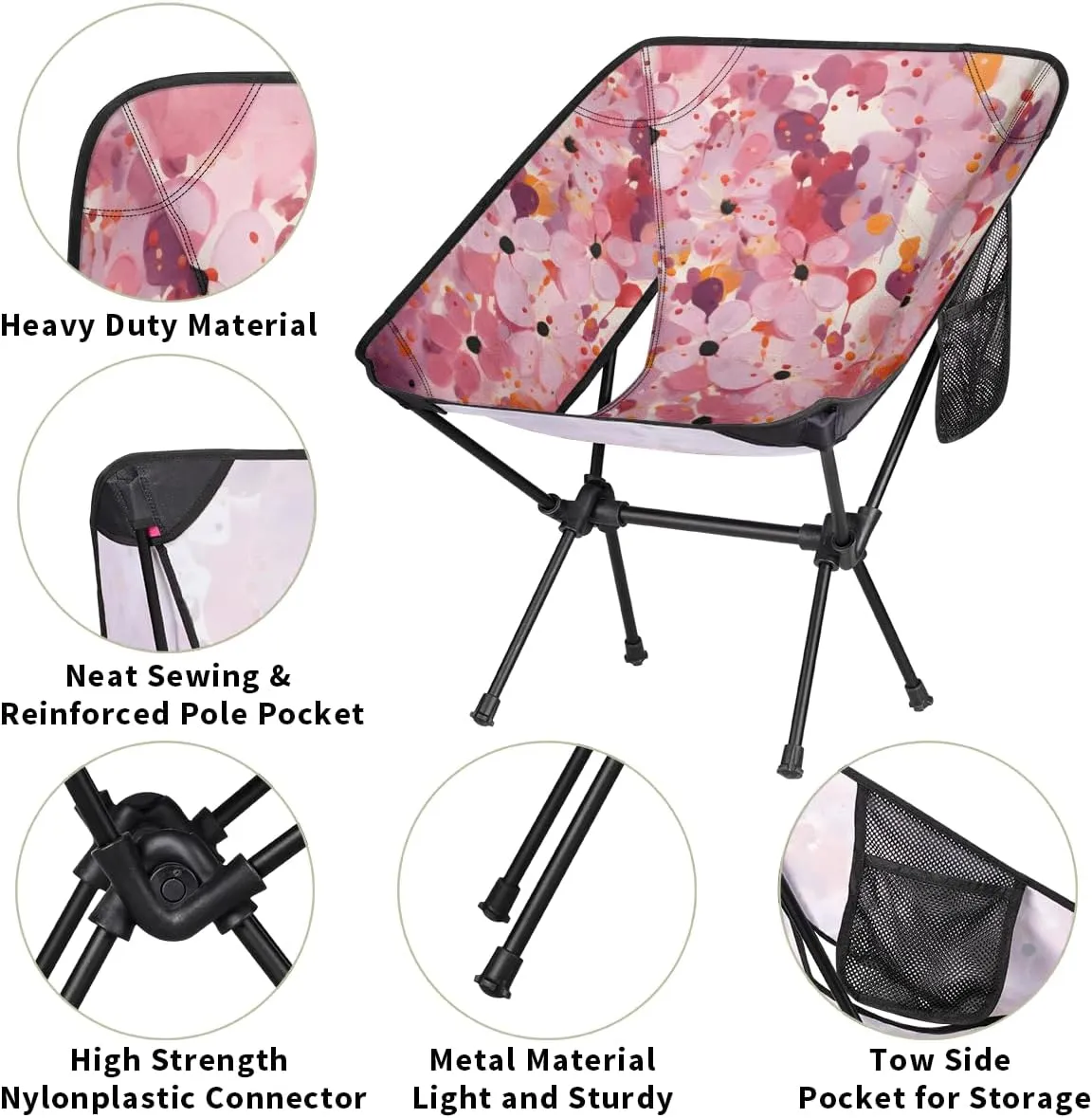 Geometric Flower Camping Chair Pinks Floral Lightweight Folding Chair Portable Compact for Outdoor, Travel, Beach, Hiking Backpacking
