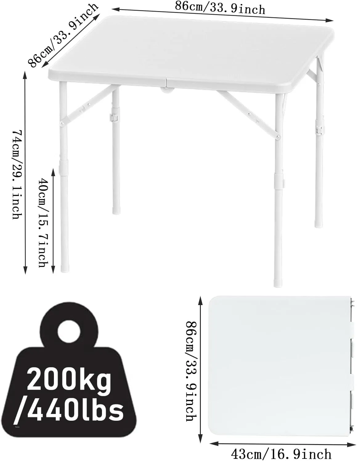 GeRRiT Folding Camping Table, Adjustable Height Square Dining Table, Portable Fold in Half Outdoor Folding Table, Heavy Duty Small Table for Picnic Party Cooking Beach, 86x86x74cm, White, 980707