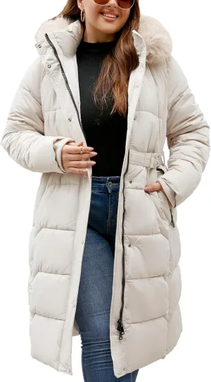 Geschallino Women's Puffer Coat Plus Size Winter Jacket Warm Hooded Thicken Long Padded Bubble Outerwear (1X-5X)