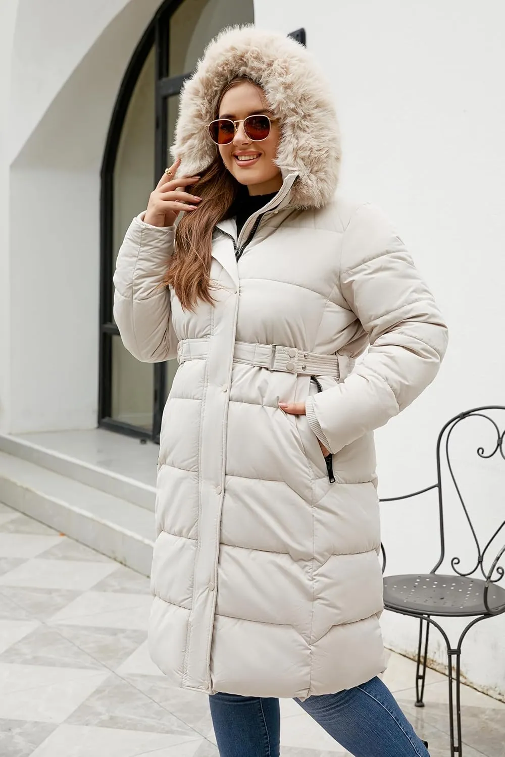 Geschallino Women's Puffer Coat Plus Size Winter Jacket Warm Hooded Thicken Long Padded Bubble Outerwear (1X-5X)