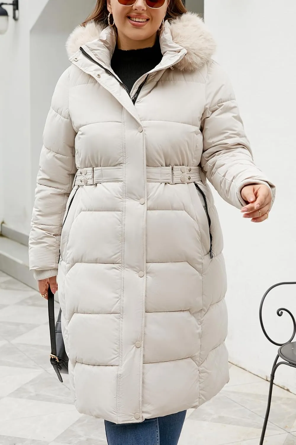 Geschallino Women's Puffer Coat Plus Size Winter Jacket Warm Hooded Thicken Long Padded Bubble Outerwear (1X-5X)