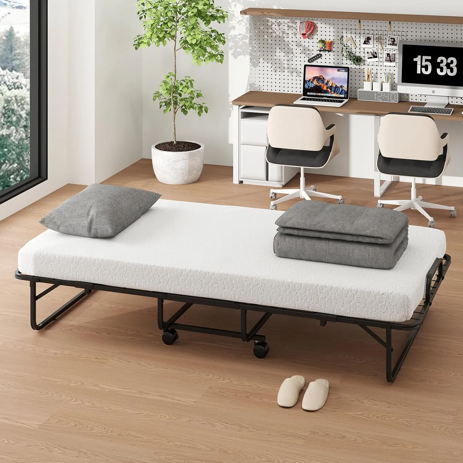 Giantex Folding Bed with Mattress for Adults, Twin Size Rollaway Beds for Guest, Space Saving Portable Foldable Bed w/Memory Foam Mattress & Metal Frame for Easy Storage, 75"x 38"