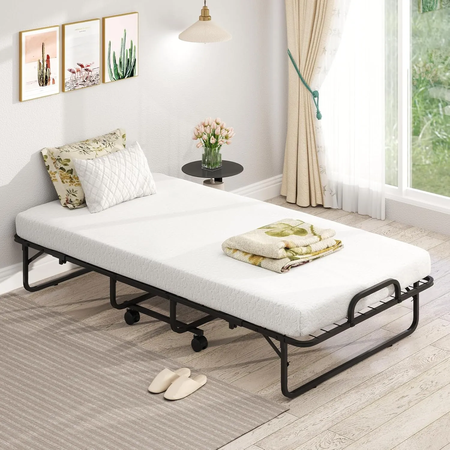 Giantex Folding Bed with Mattress for Adults, Twin Size Rollaway Beds for Guest, Space Saving Portable Foldable Bed w/Memory Foam Mattress & Metal Frame for Easy Storage, 75"x 38"