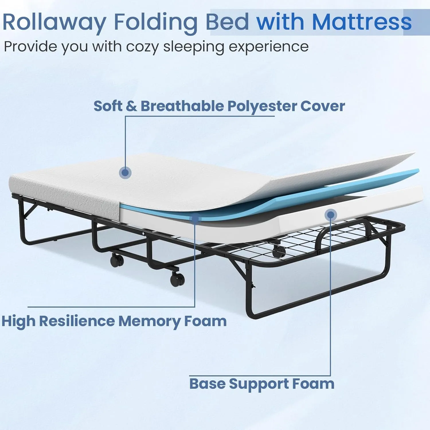 Giantex Folding Bed with Mattress for Adults, Twin Size Rollaway Beds for Guest, Space Saving Portable Foldable Bed w/Memory Foam Mattress & Metal Frame for Easy Storage, 75"x 38"