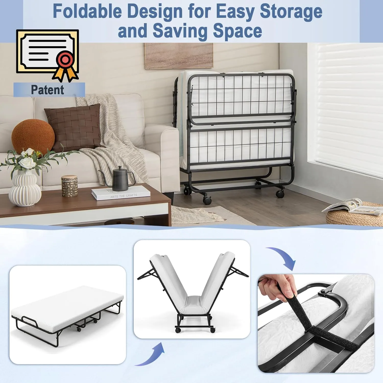 Giantex Folding Bed with Mattress for Adults, Twin Size Rollaway Beds for Guest, Space Saving Portable Foldable Bed w/Memory Foam Mattress & Metal Frame for Easy Storage, 75"x 38"