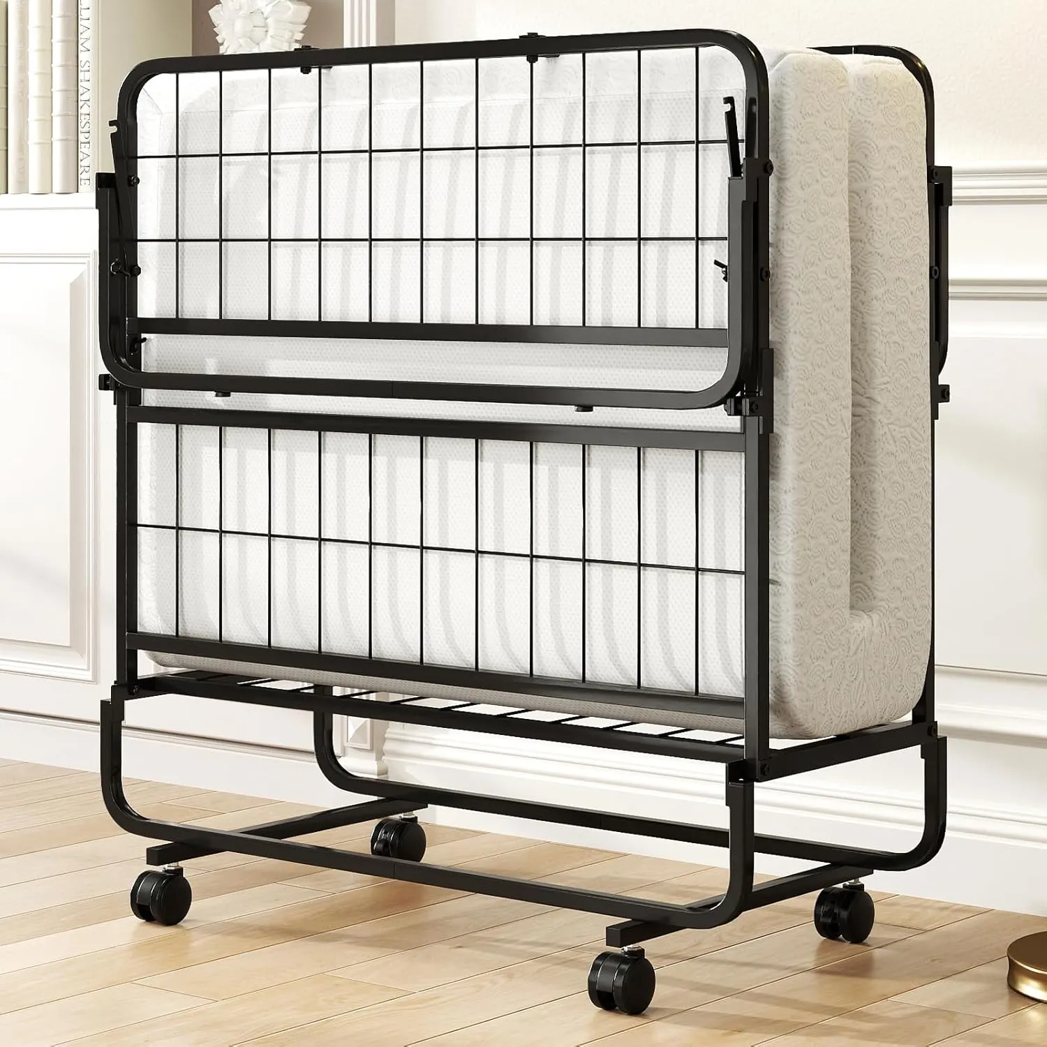 Giantex Folding Bed with Mattress for Adults, Twin Size Rollaway Beds for Guest, Space Saving Portable Foldable Bed w/Memory Foam Mattress & Metal Frame for Easy Storage, 75"x 38"
