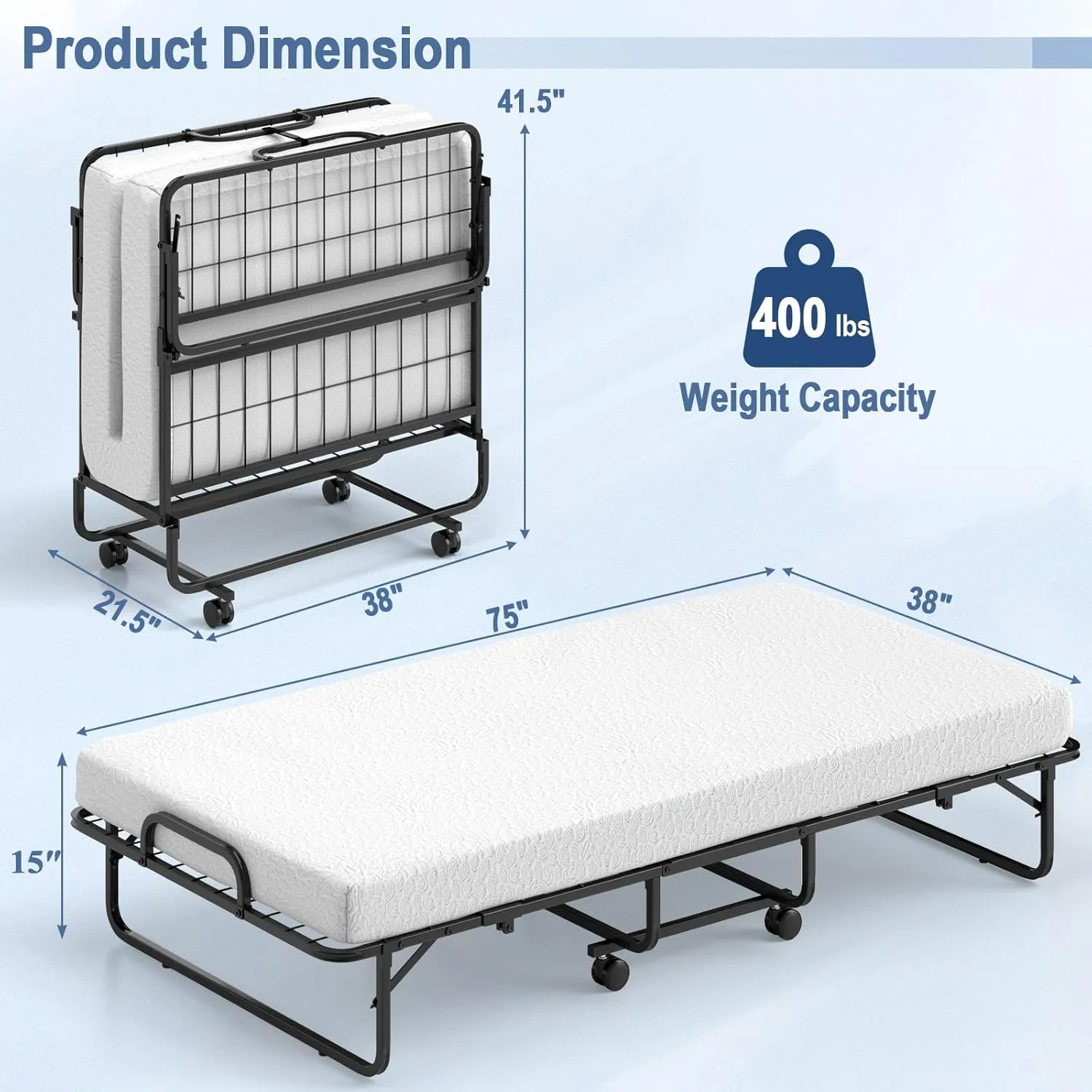 Giantex Folding Bed with Mattress for Adults, Twin Size Rollaway Beds for Guest, Space Saving Portable Foldable Bed w/Memory Foam Mattress & Metal Frame for Easy Storage, 75"x 38"