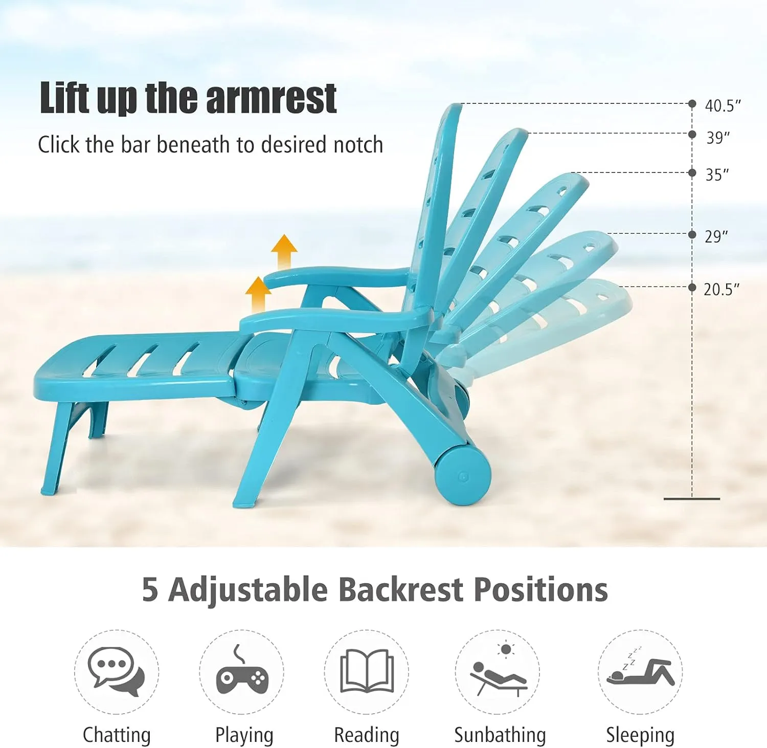 Giantex Patio Chaise Lounge Recliner on Wheels, Folding Deck Chair with Armrests, 5 Adjustable Positions for Poolside, Yard, Garden Rolling Outdoor Lounger Sunbathing Beach Chair(1, Turquoise)