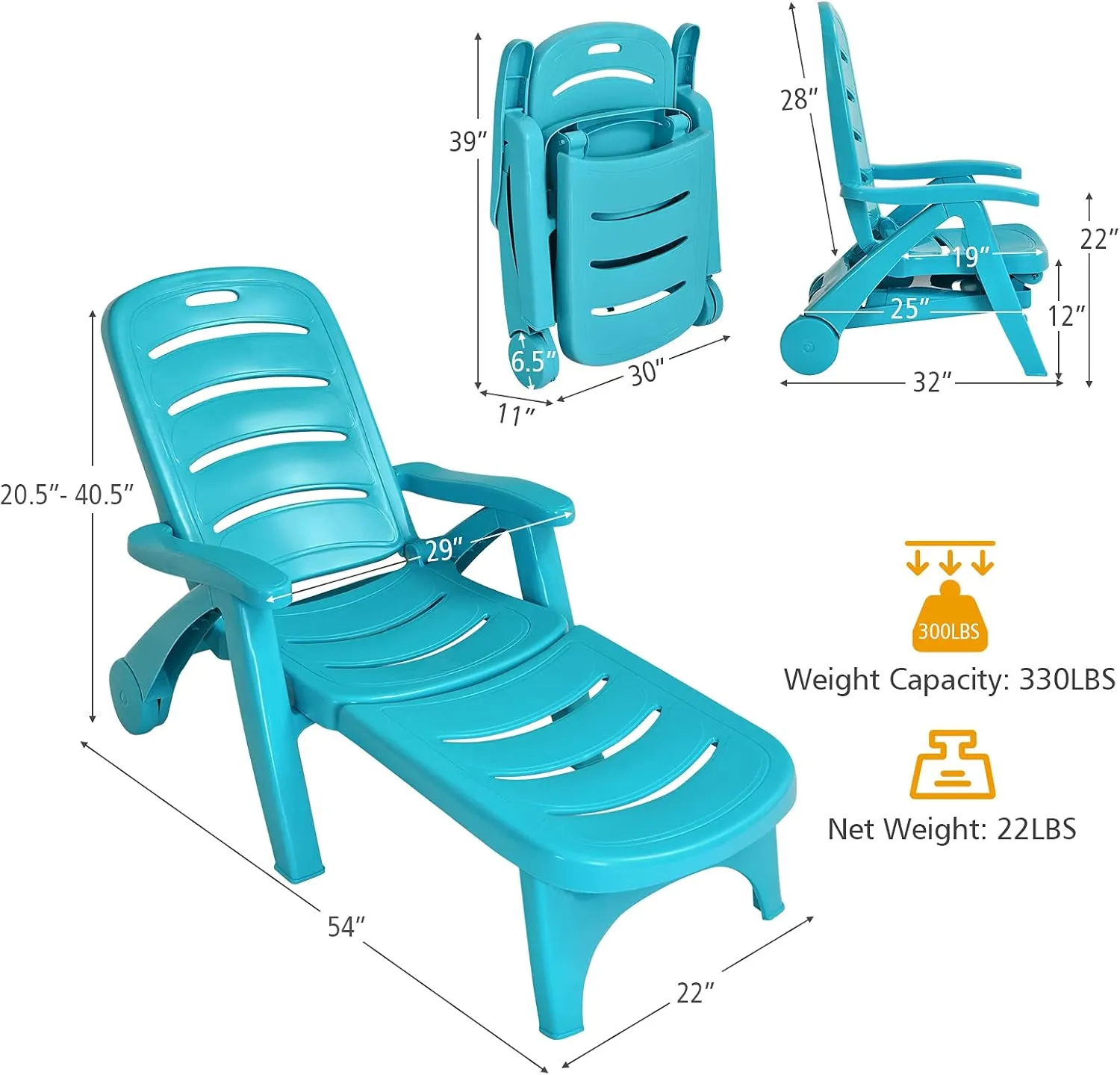 Giantex Patio Chaise Lounge Recliner on Wheels, Folding Deck Chair with Armrests, 5 Adjustable Positions for Poolside, Yard, Garden Rolling Outdoor Lounger Sunbathing Beach Chair(1, Turquoise)