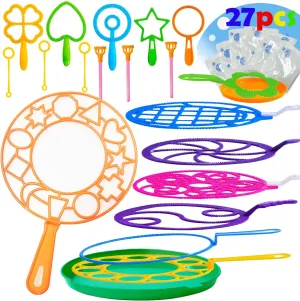 GIFTEXPRESS Deluxe 27pcs Big Bubble Wands Assortment with Solution - Assorted Sizes Bubble Makers, Trays & 6pk Non Toxic Solution - Kids Party Favor Bubble Toys for Outdoor Summer Fun Pool Party